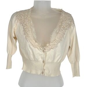 Moth Anthropologie Cream Lace Trim Crop Cardigan Sweater Medium Coquette Dainty